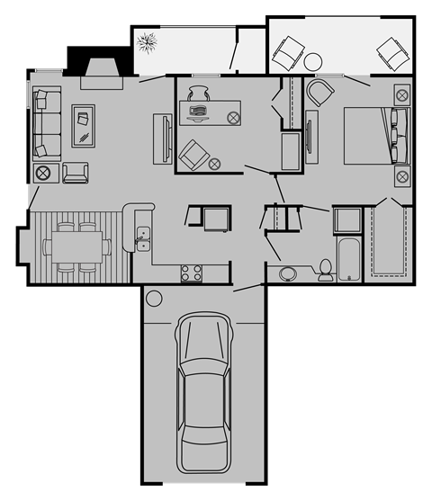 Floor plan for 1 bed, 1 bath, 977 sqft
